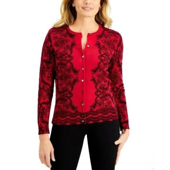 Karen Scott Womens Size Small New Red Combo Button Front Cardigan Sweater NWT - Picture 1 of 9